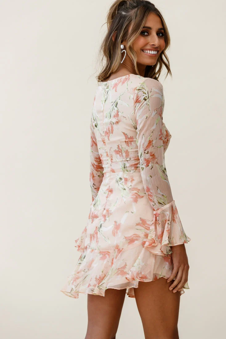 Adalia Long Sleeve Flared Cuff Dress Flower Print Nude - Image 5