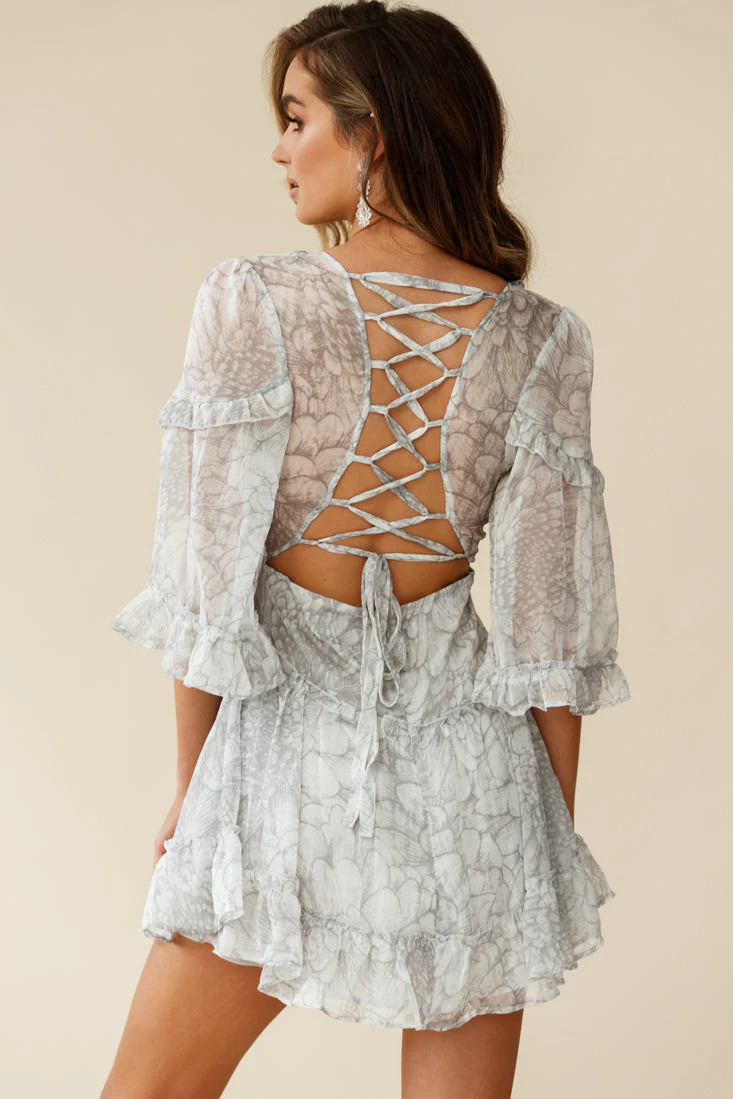 Albany Lace Up Back Frill Dress Chrysanthemum Print Grey - Image 3