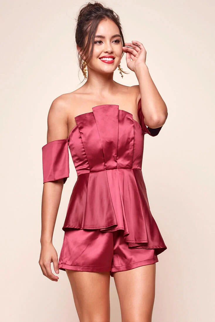 Aly Off the Shoulder Dressy Satin Romper Red Wine - Image 2