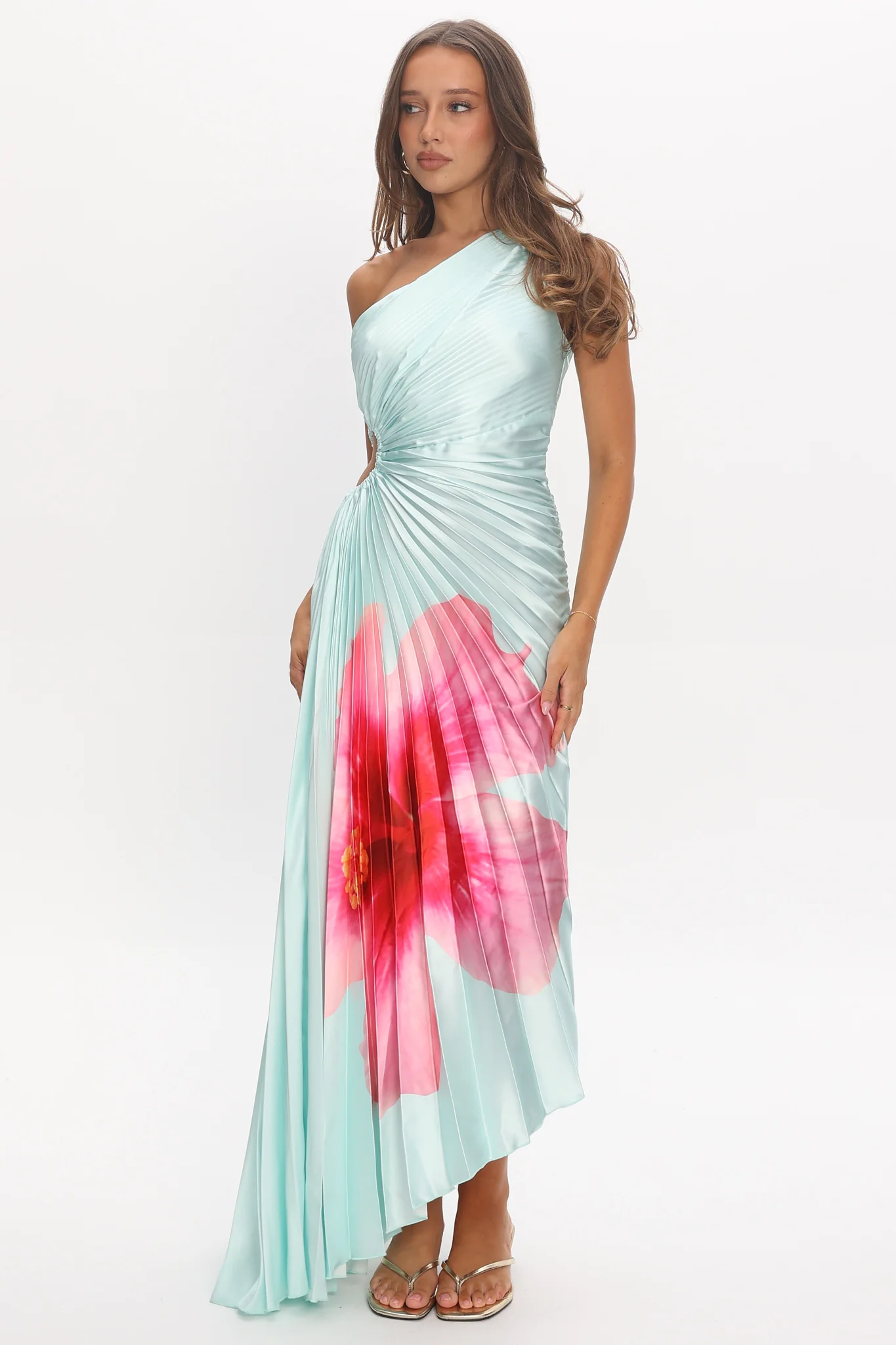 Amelie One-Shoulder Accordion Pleat Maxi Dress Hibiscus Mint - Image 2