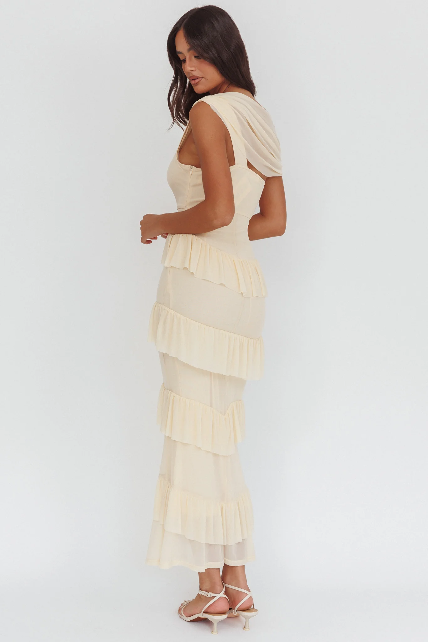 Anaisa Asymmetric Neckline Frill Maxi Dress Cream - Image 2