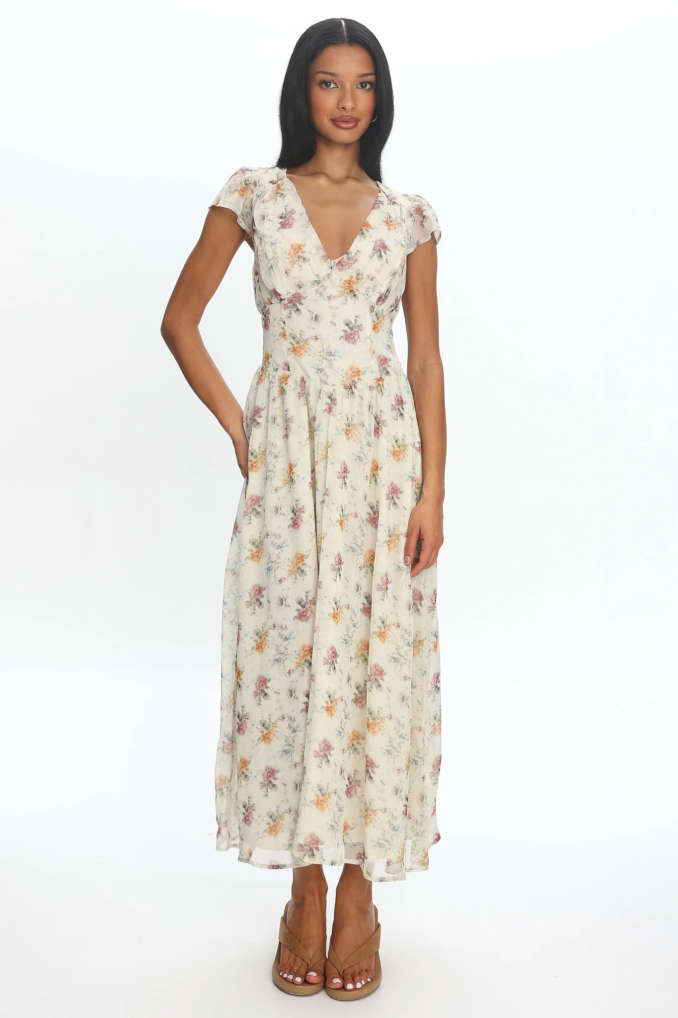 Angel Wings V-Back Pleat Maxi Dress Mint Floral - Image 2
