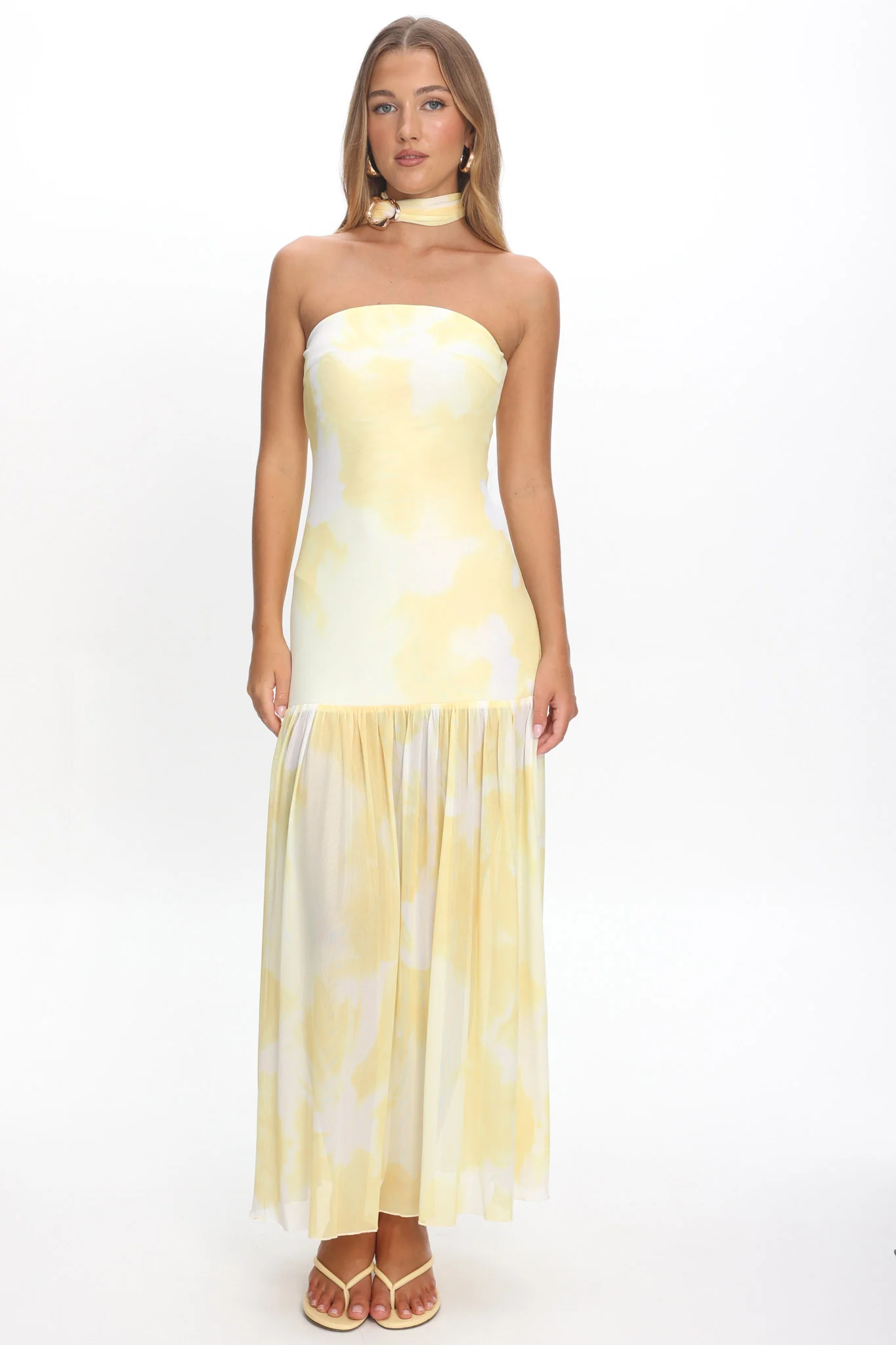 Antonella Strapless Waist Sash Maxi Dress Marbled Yellow - Image 5