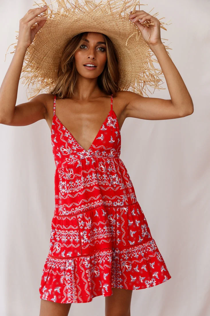 Ariya V-Neckline Frill Hem Sun Dress Red Print - Image 2