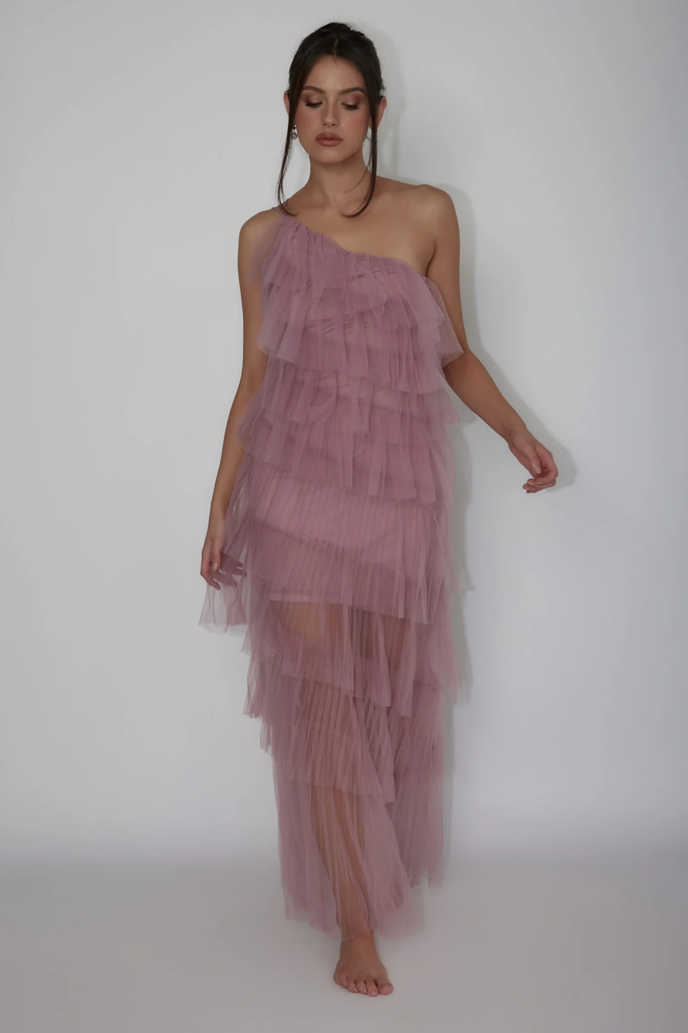 Arrabel Tiered Ruffle Tulle Maxi Dress Plum - Image 5
