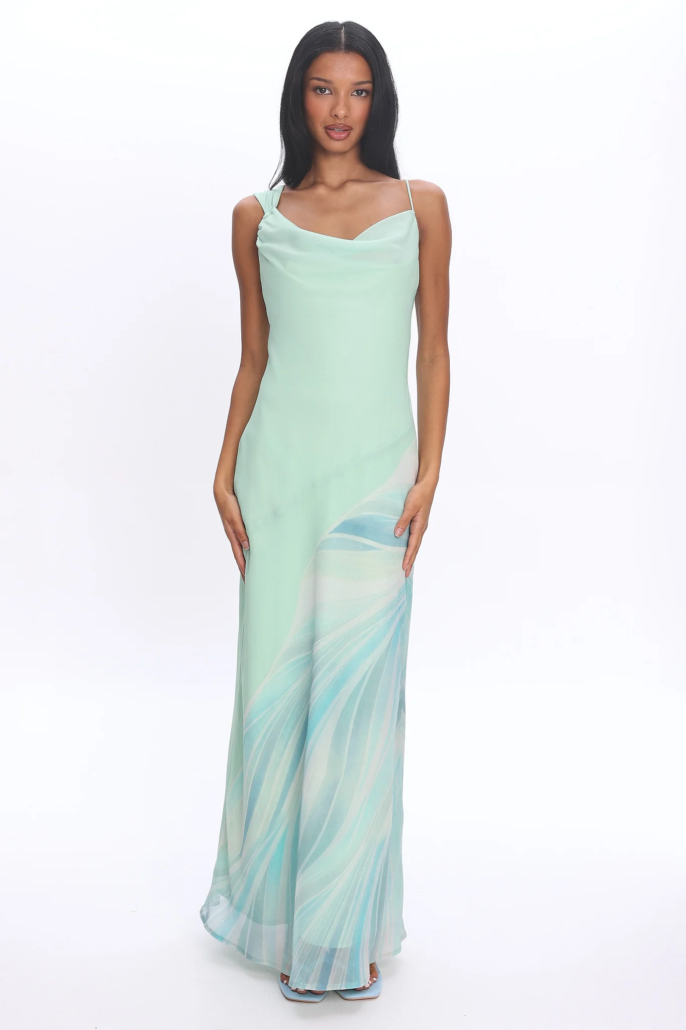 Astoria Asymmetric Cowl Neckline Maxi Dress Abstract Mint - Image 2
