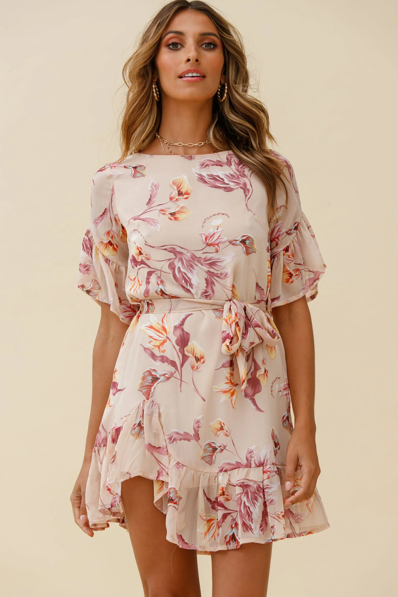 Azealia Ruffle Hem Dress Botanic Print Beige - Image 4