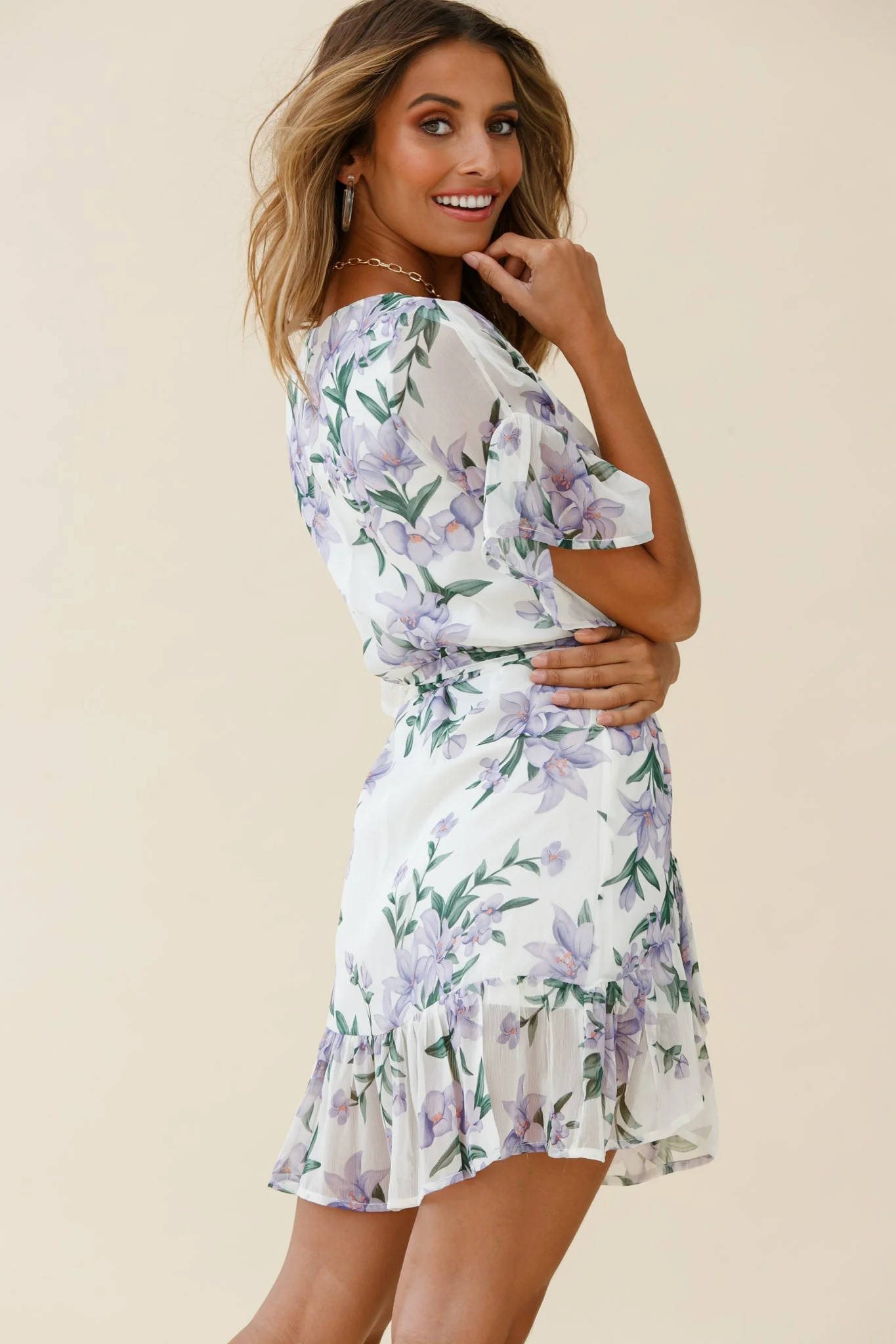 Azealia Ruffle Hem Dress Flower Print White - Image 3