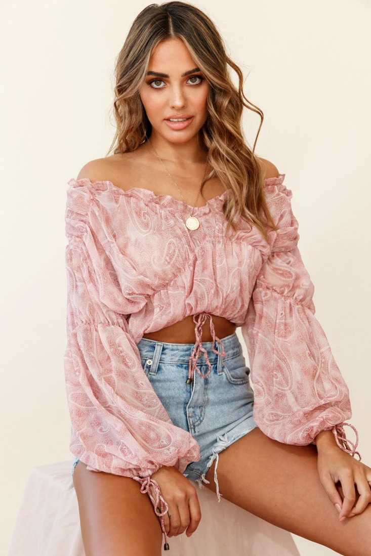 Beau Balloon Sleeve Drawstring Top Paisley Print Pink - Image 6