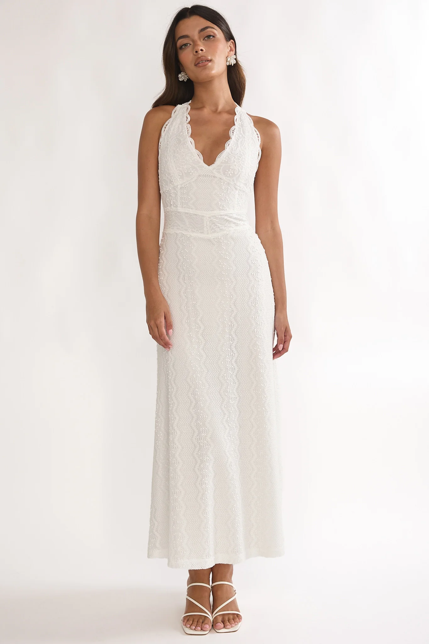 Beaucoup Lace Overlay Halterneck Maxi Dress Cream - Image 3