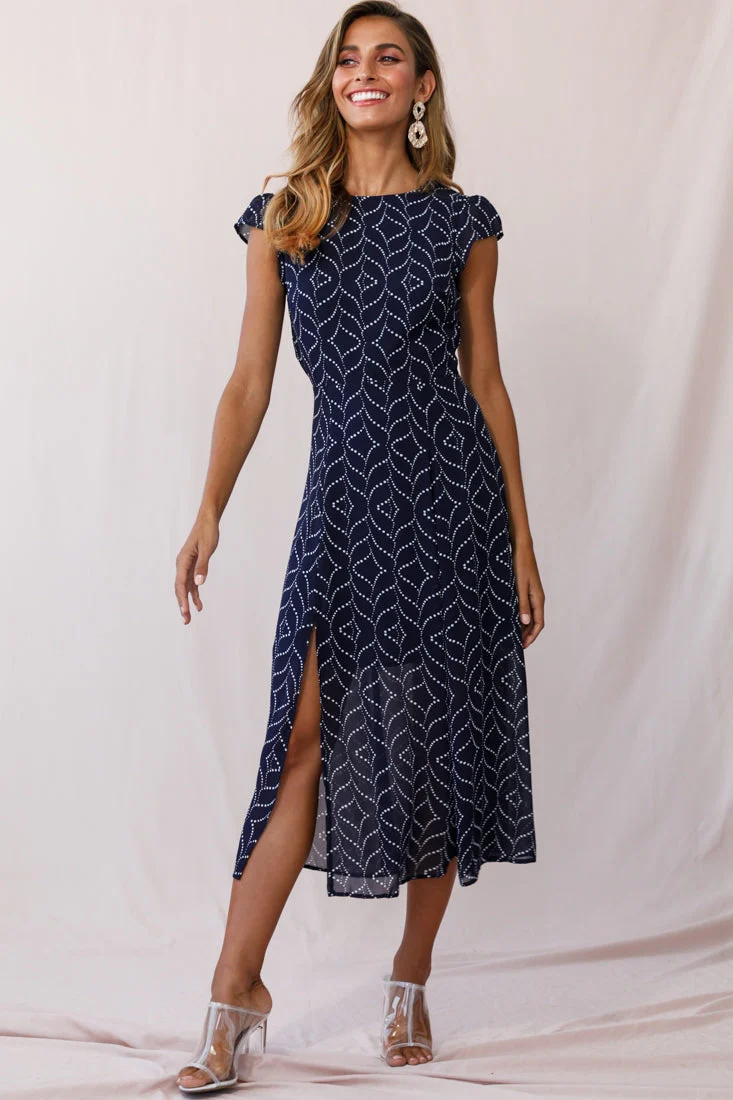 Becky Cap Sleeve Crew Neck Midi Dress Dot Print Navy - Image 6