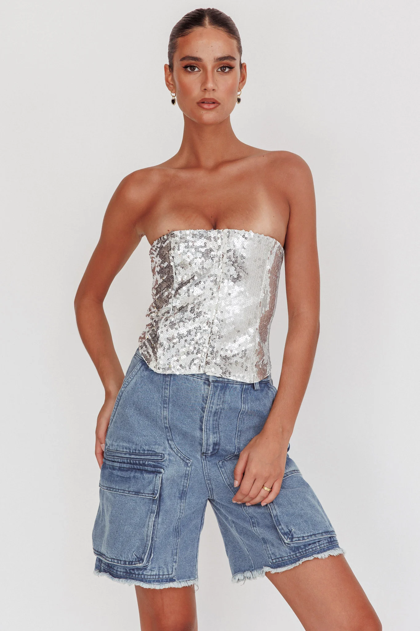 Belgium Strapless Lace-Up Back Top Sequin Silver - Image 6