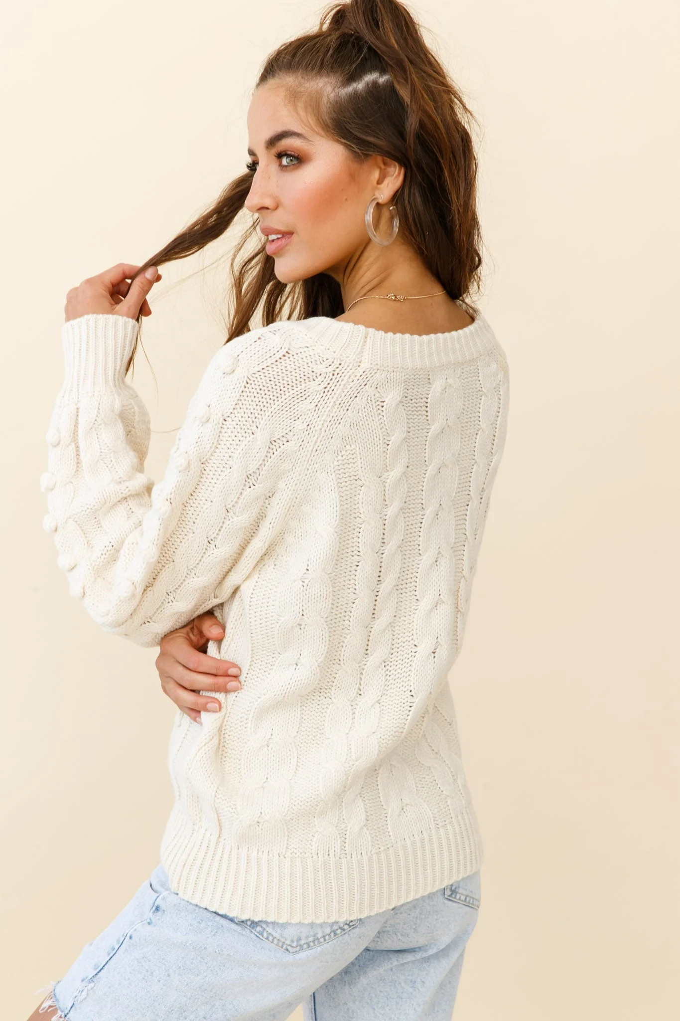 Bestie Pom Pom Detail Cable Knit Sweater Cream - Image 3
