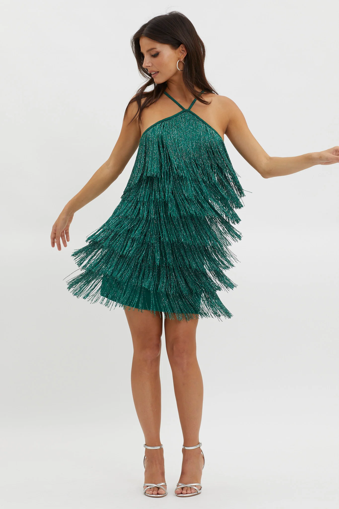 Boulevarde Fringe Trim Mini Dress Dark Green - Image 3