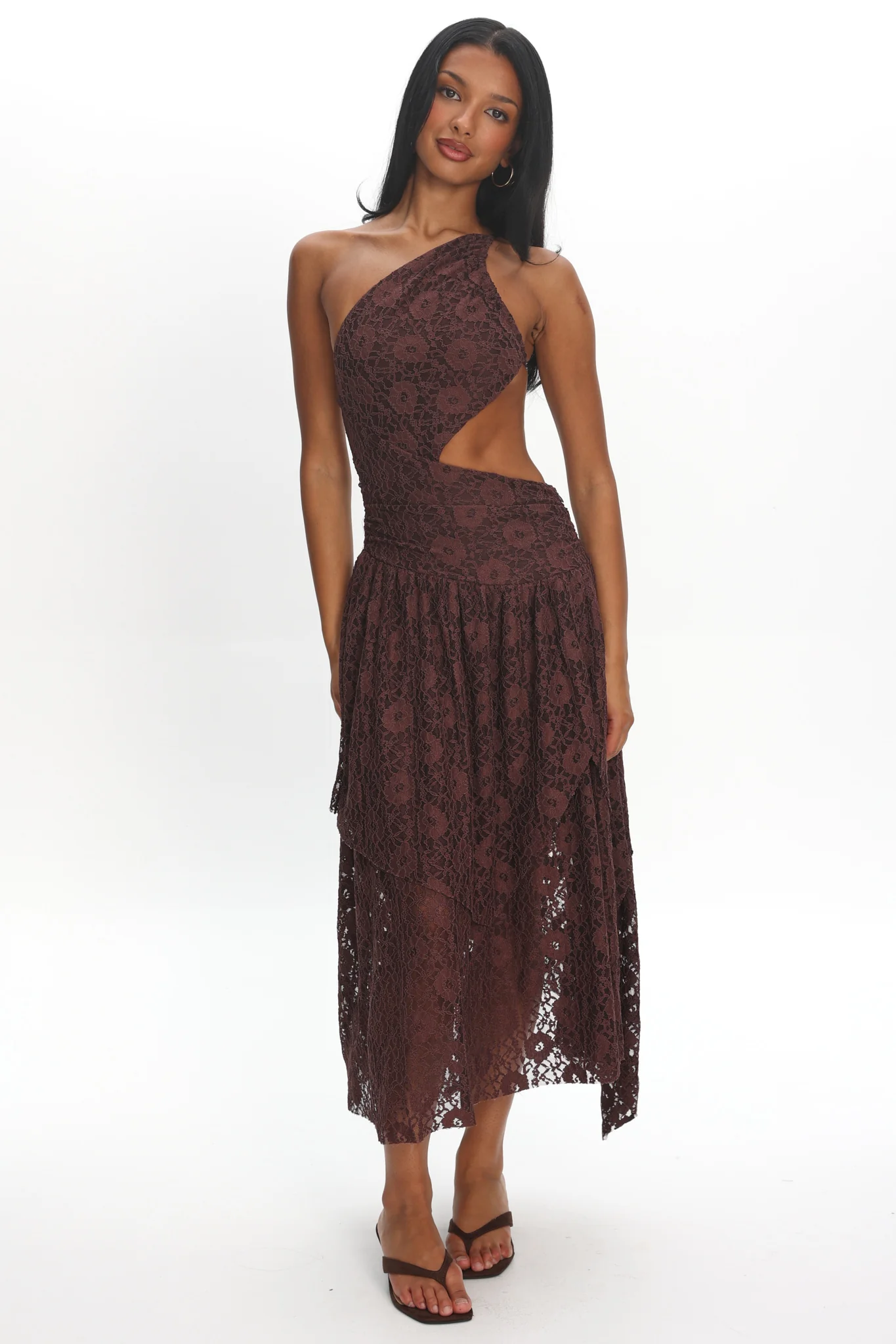 Call Back Cut-Out Waist Midi Dress Lace Chocolate