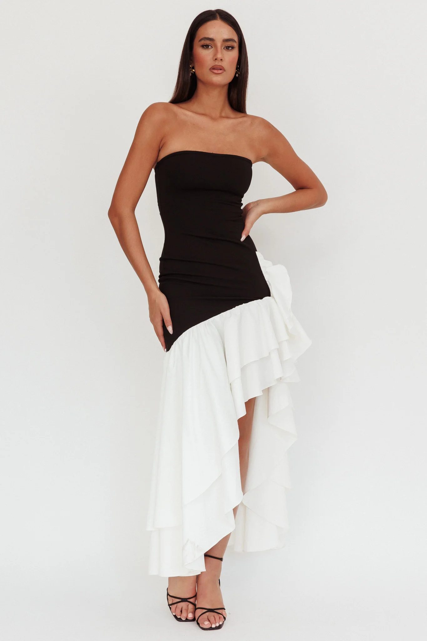 Cha Cha Strapless Thigh Split Dress Black/White - Image 2