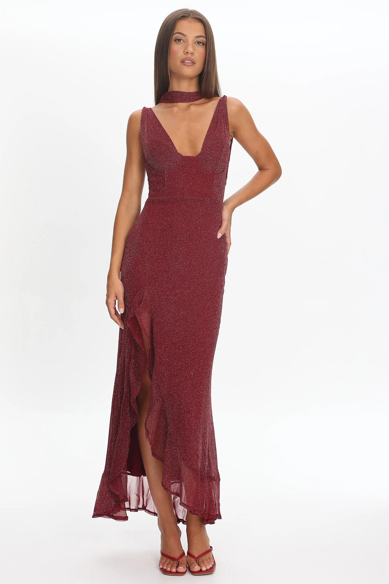 Chantrelle Twist Back Split Maxi Dress Wine - Image 3