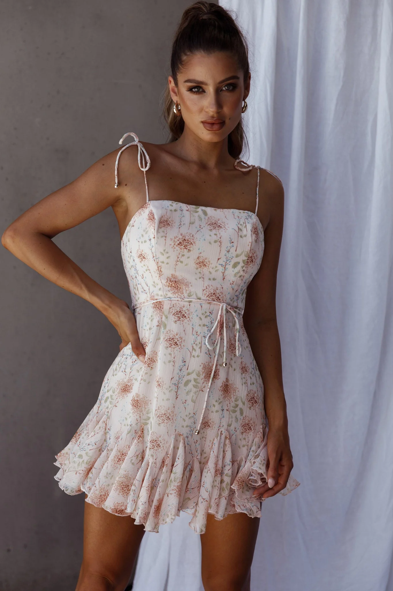 Charliza String Tie Godet Hem Dress Floral Peach - Image 5