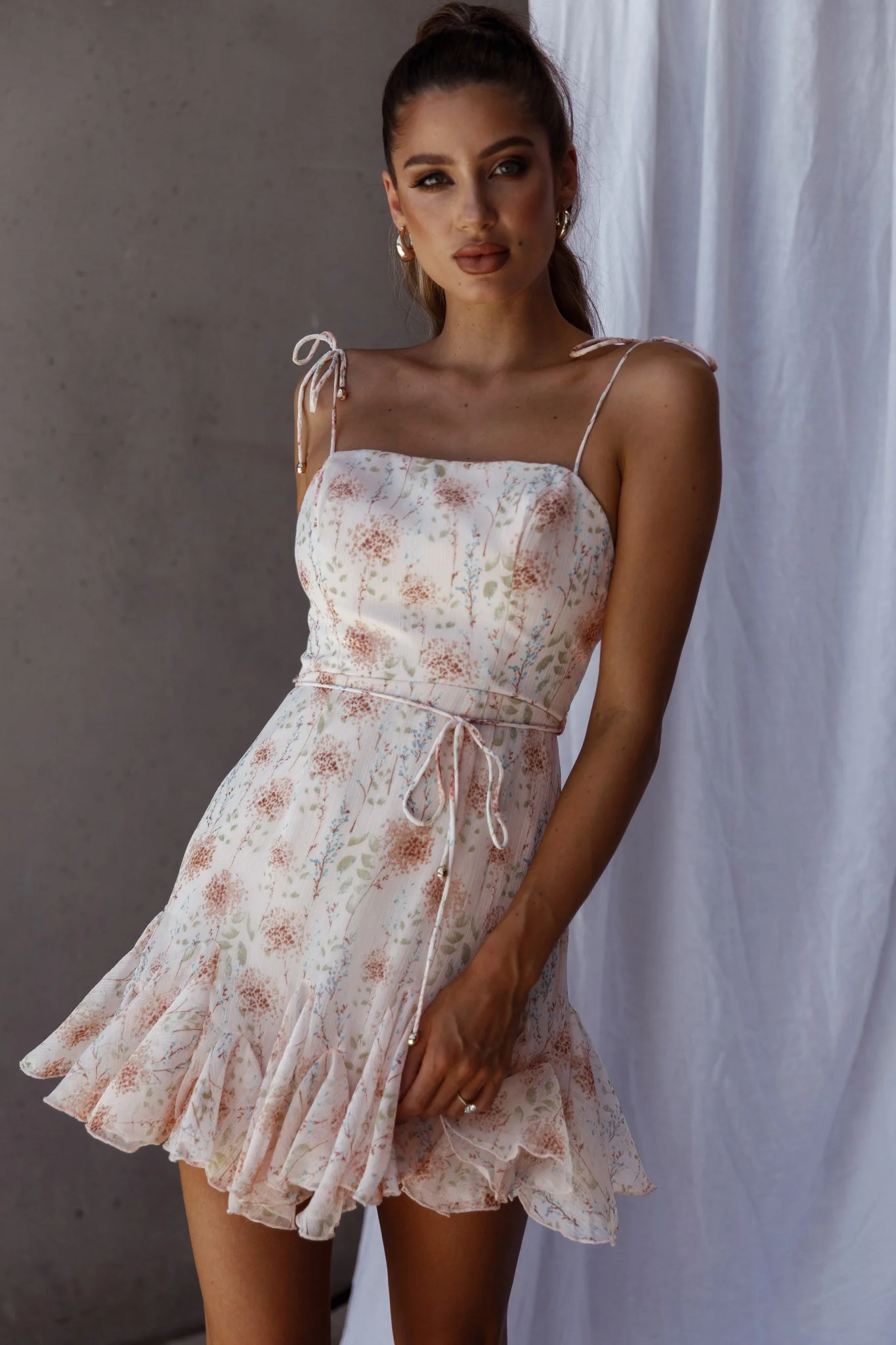 Charliza String Tie Godet Hem Dress Floral Peach - Image 7
