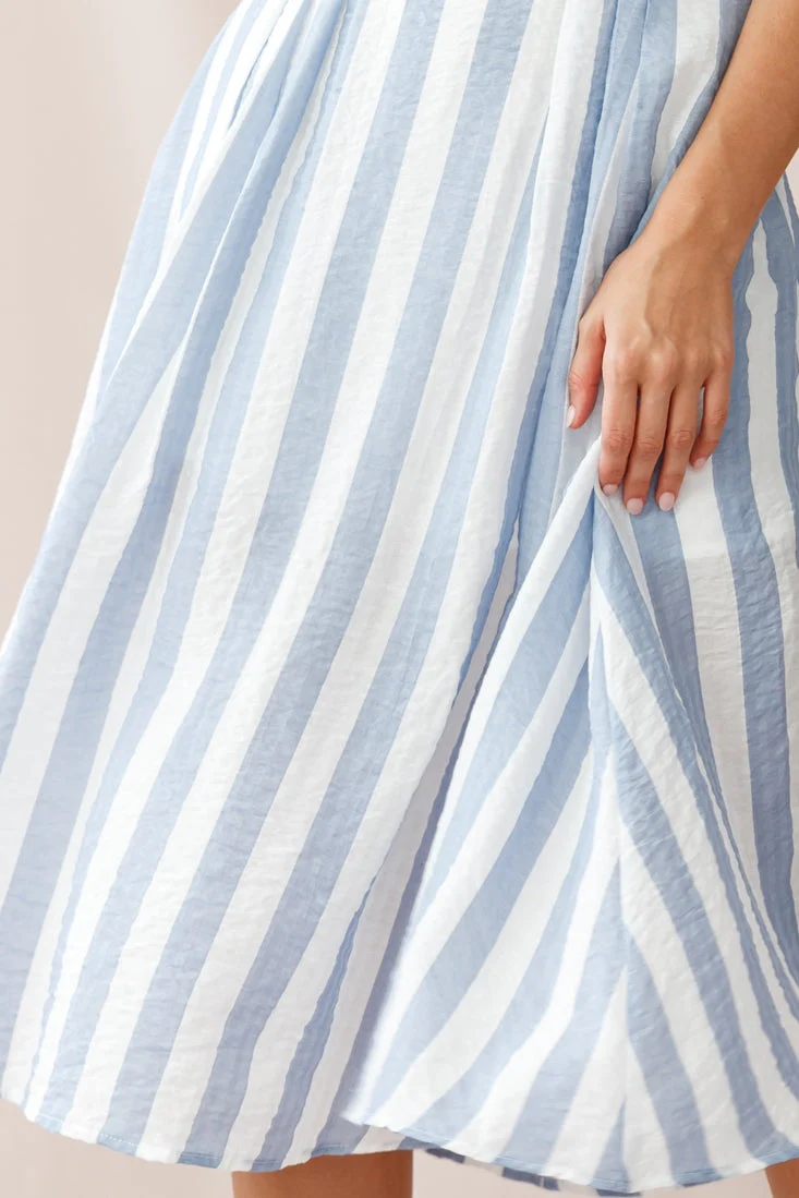 Crystal Tied Knot Belt Midi Dress Stripe Print Blue - Image 4