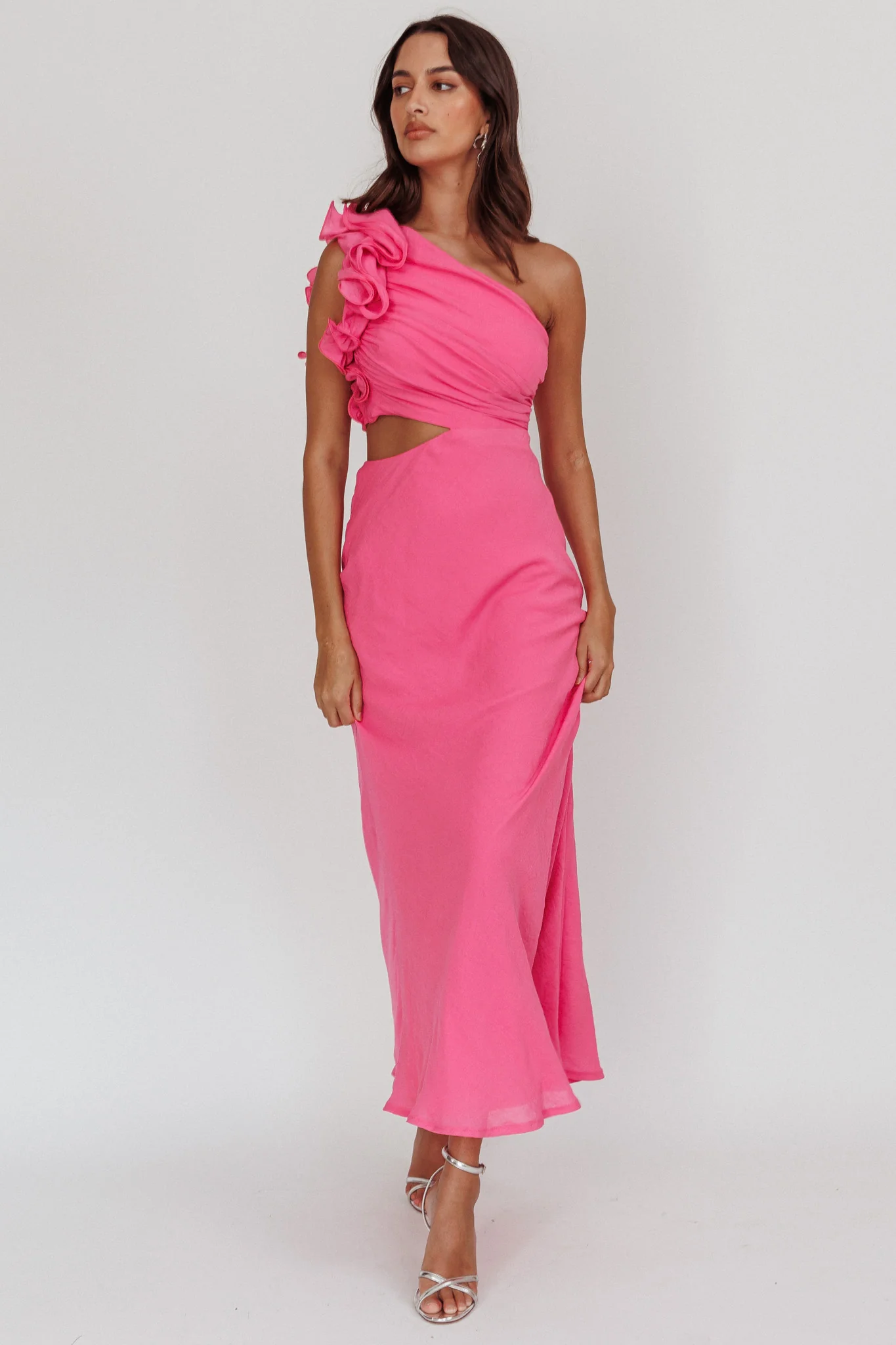 Deanna One-Shoulder Ruffle Maxi Dress Hot Pink - Image 6