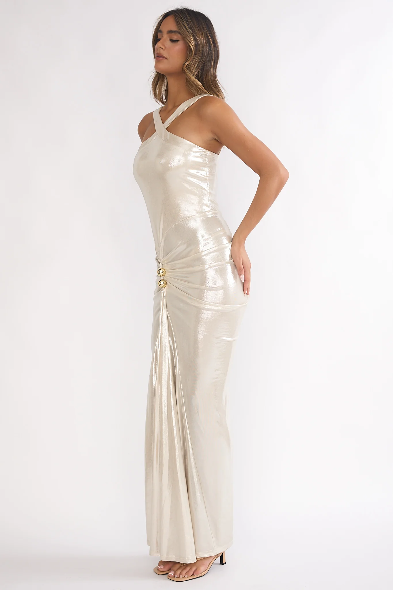 Delaina Ruched Waist Gold Accent Maxi Dress Pearl - Image 7