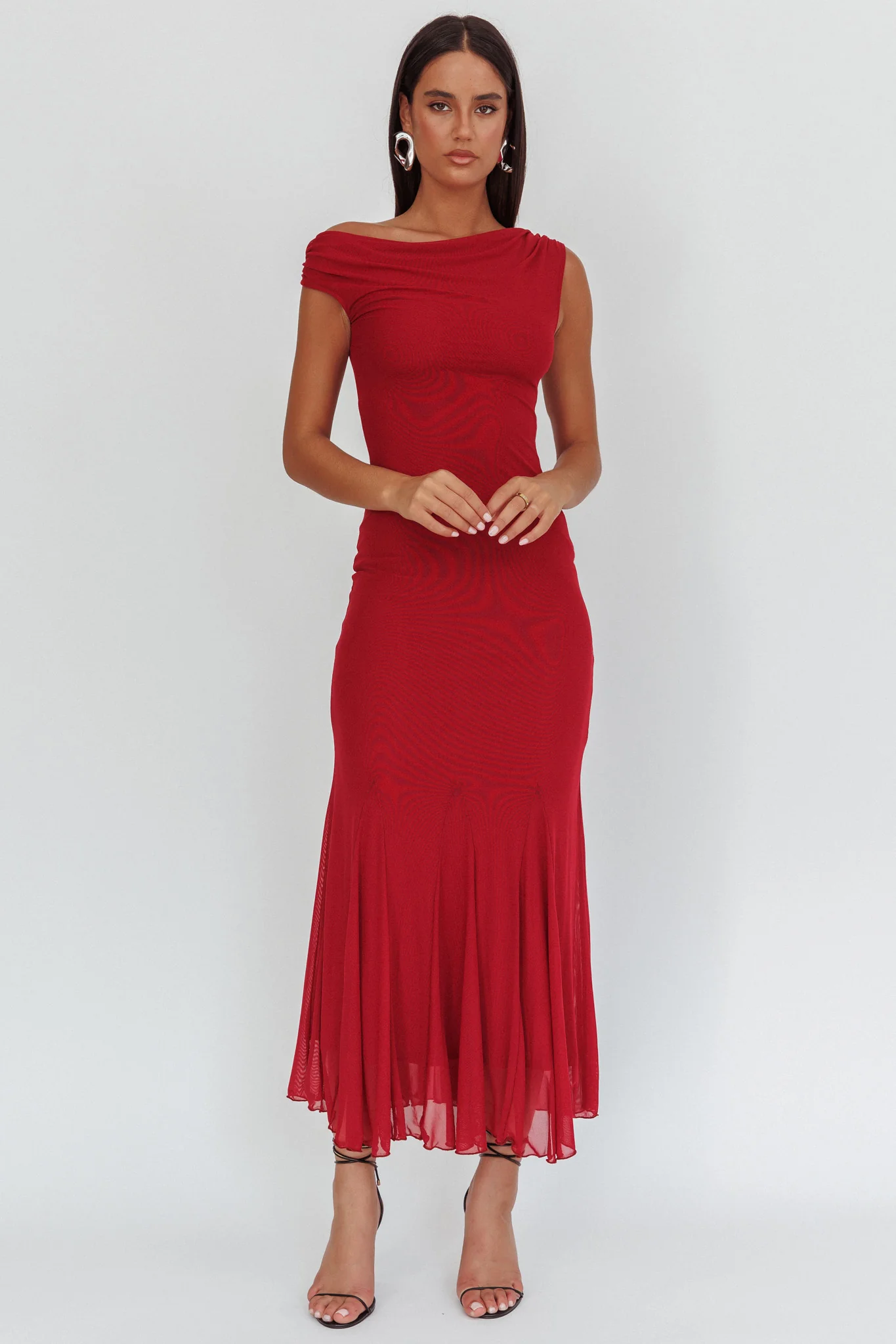 Diana Asymmetric Shoulder Godet Maxi Dress Wine - Image 5