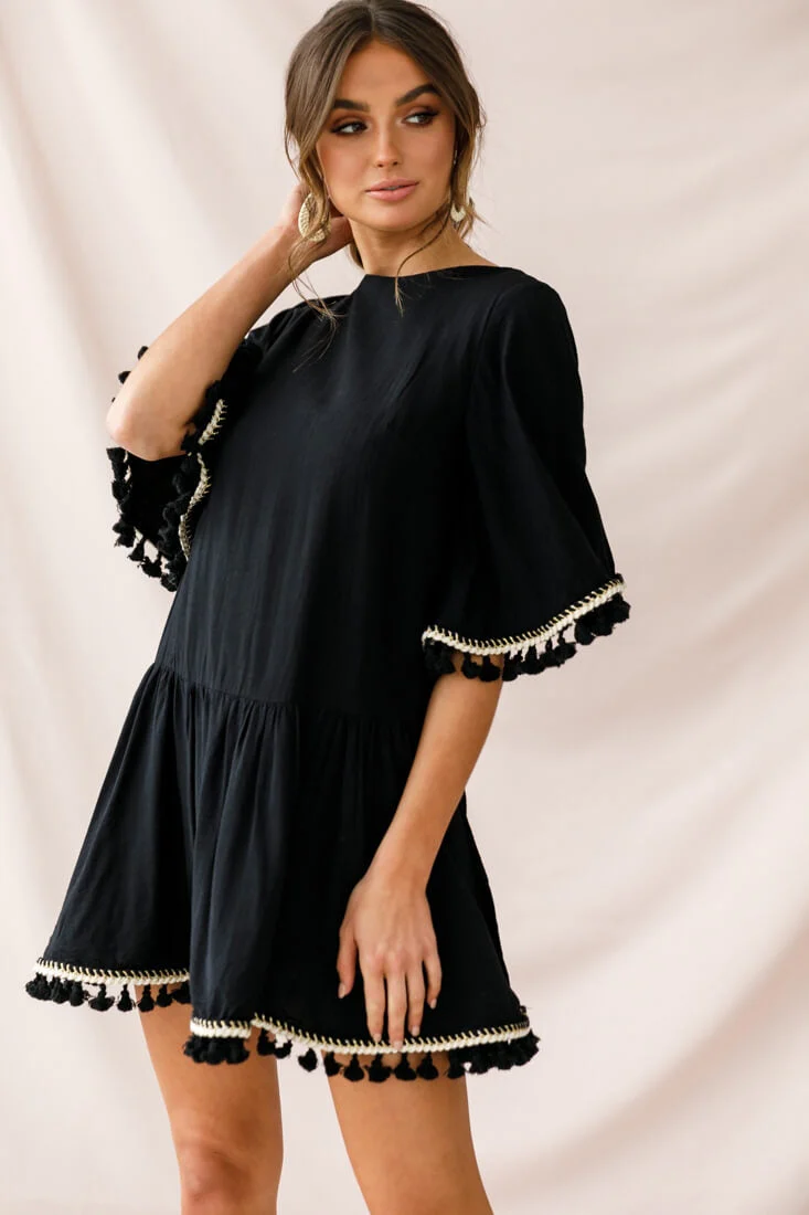 Donna Dropped Waist Tassel Dress Black - Image 3