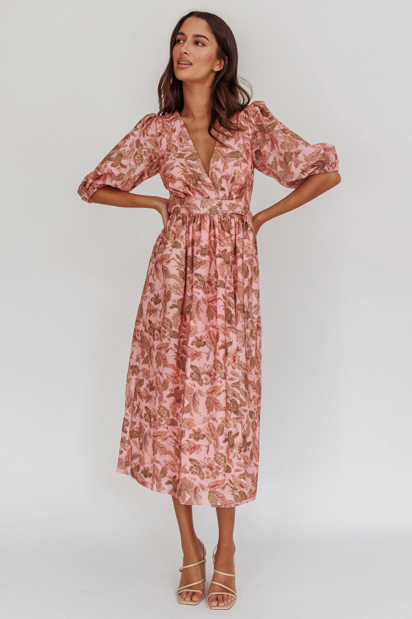 Doris Floral Puff Sleeve Midi Wrap Dress Blush - Image 6