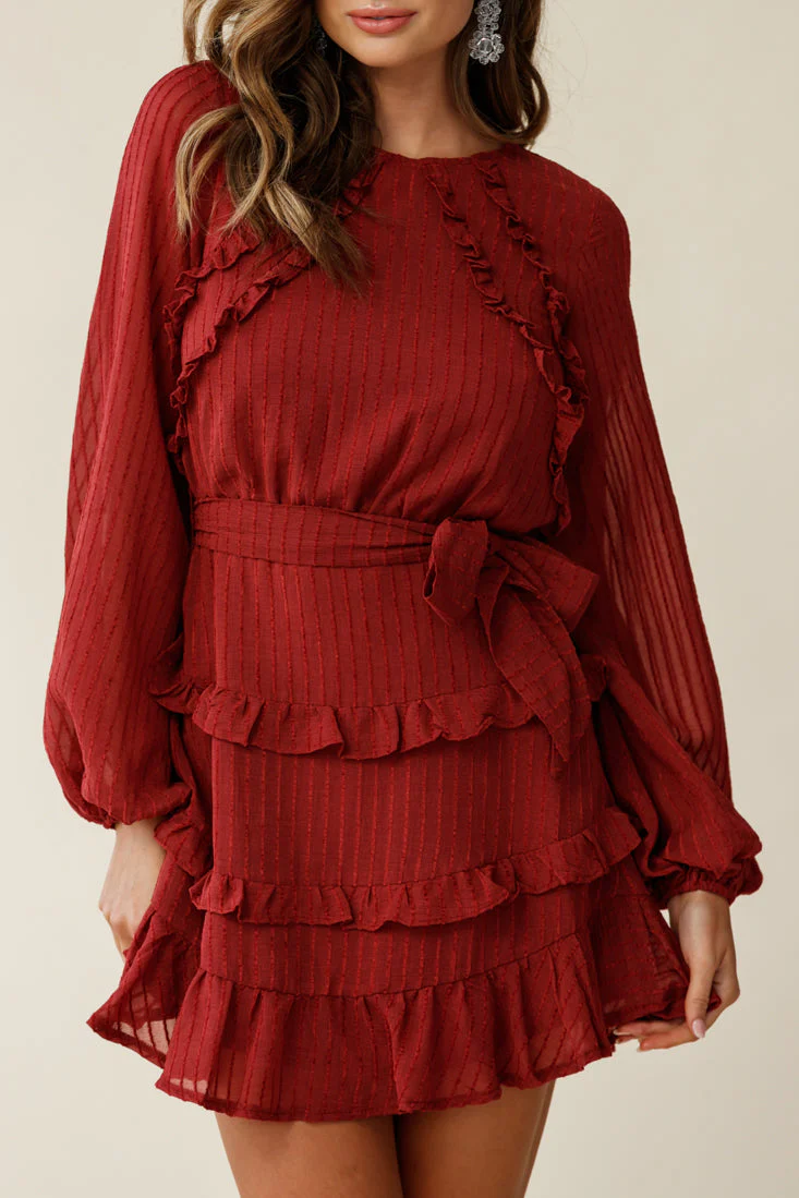 Dusk Long Sleeve Waist Tie Frill Dress Thin Stripe Wine - Image 7