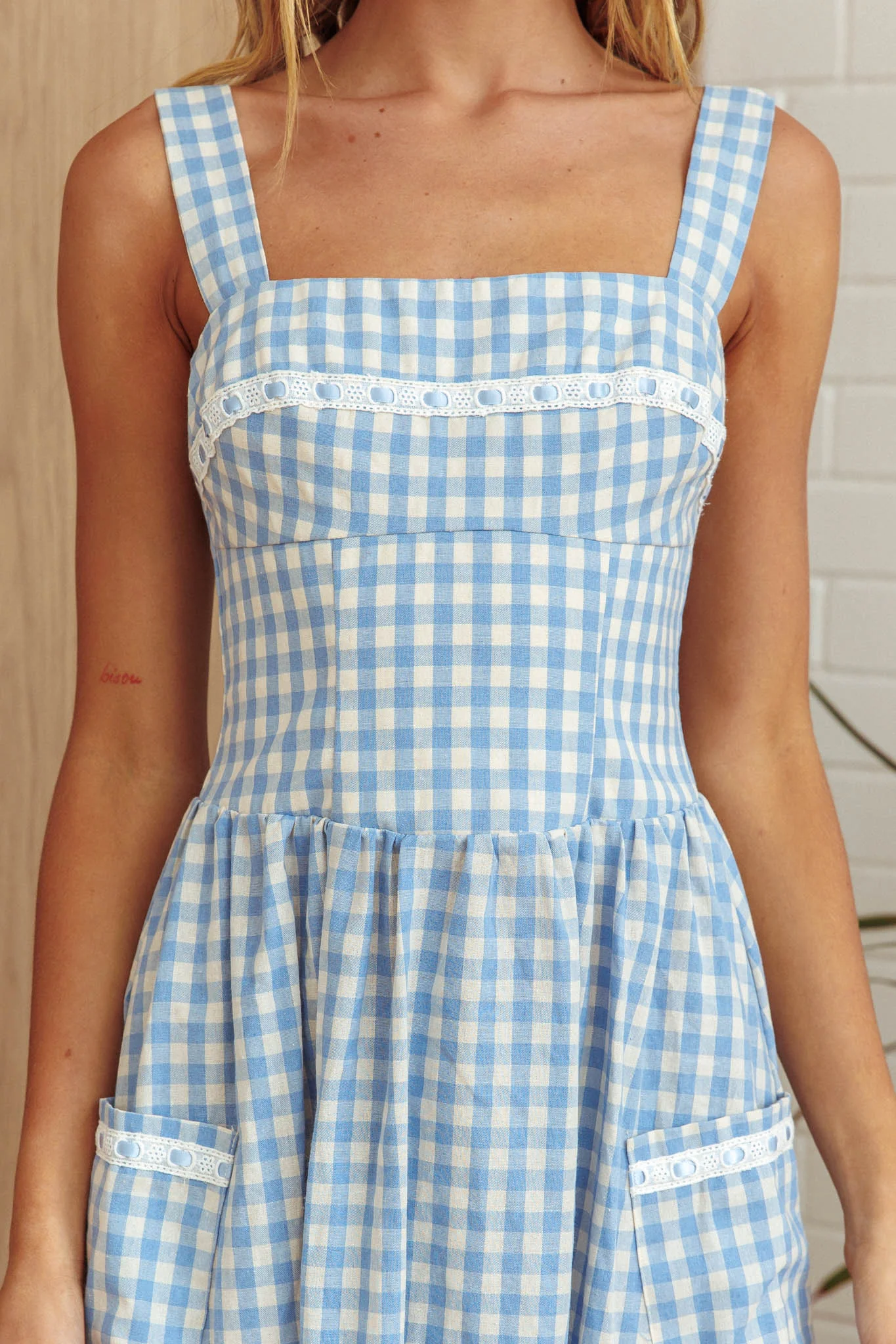 Elderflower Front Pocket Maxi Dress Gingham Baby Blue - Image 4