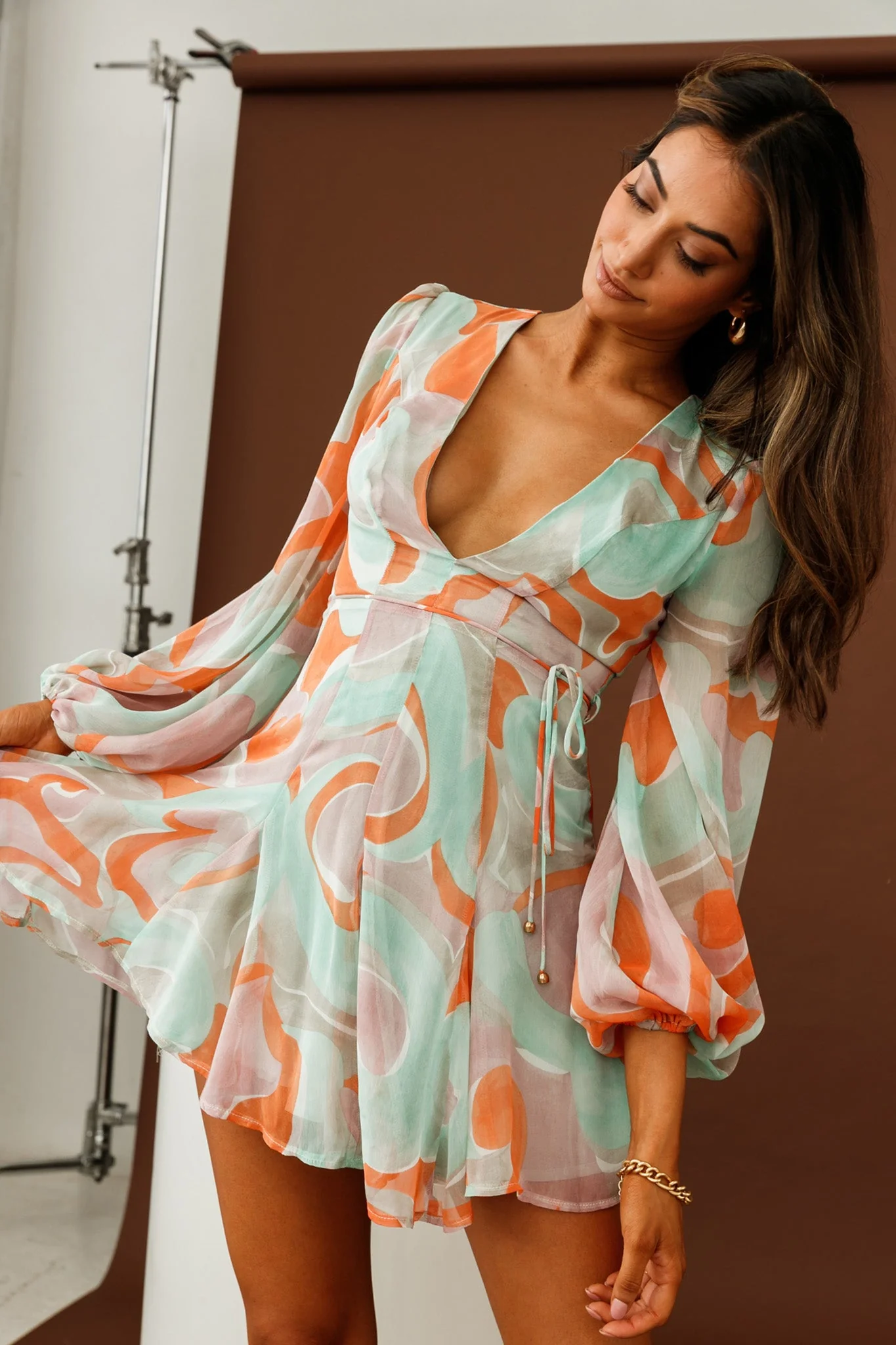 Estelle Long Sleeve V-Neckline Dress Swirl Print Orange/Mint - Image 4