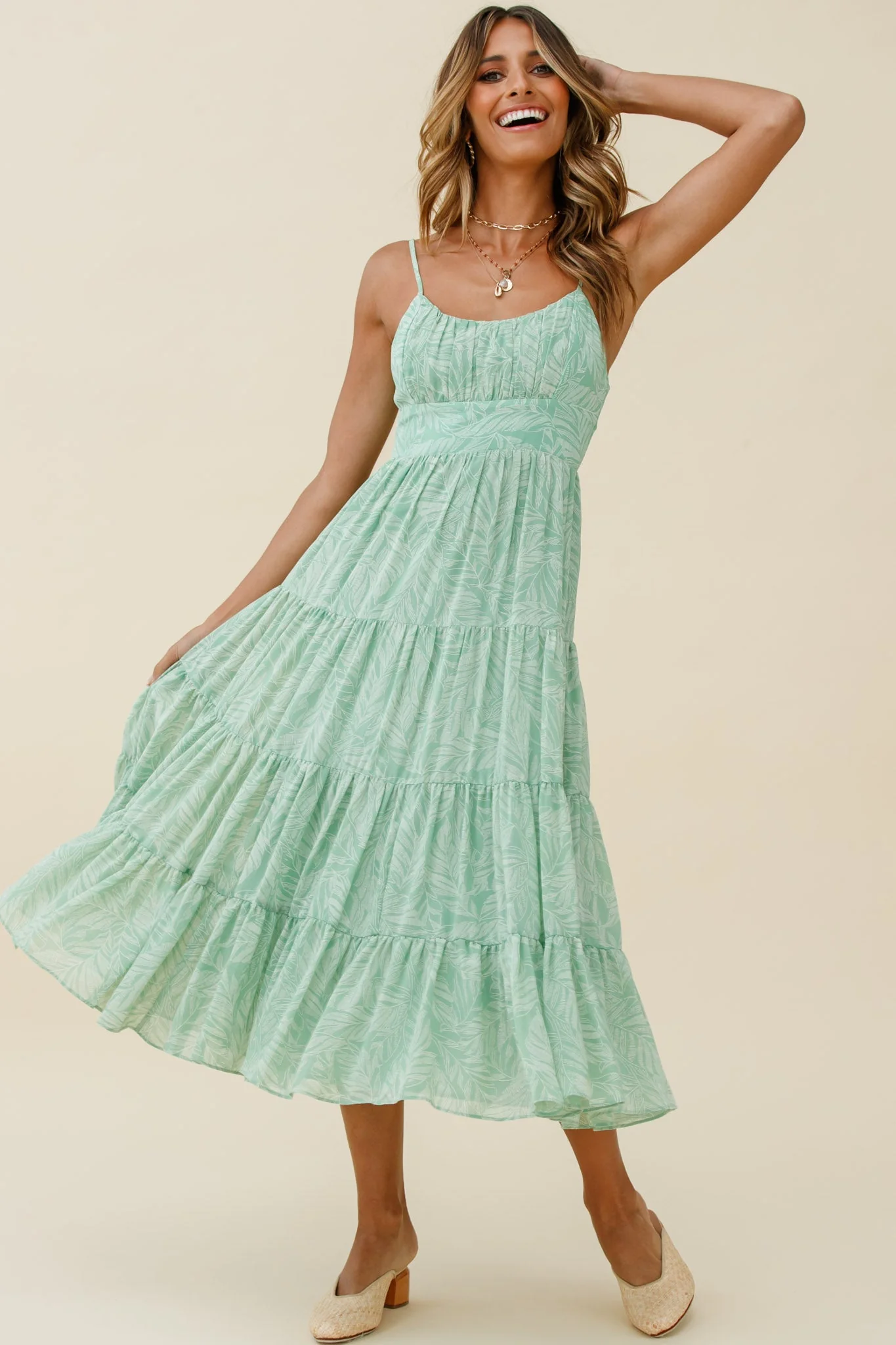 Eternal Sunshine Gathered Bust Maxi Dress Leaf Print Green - Image 3