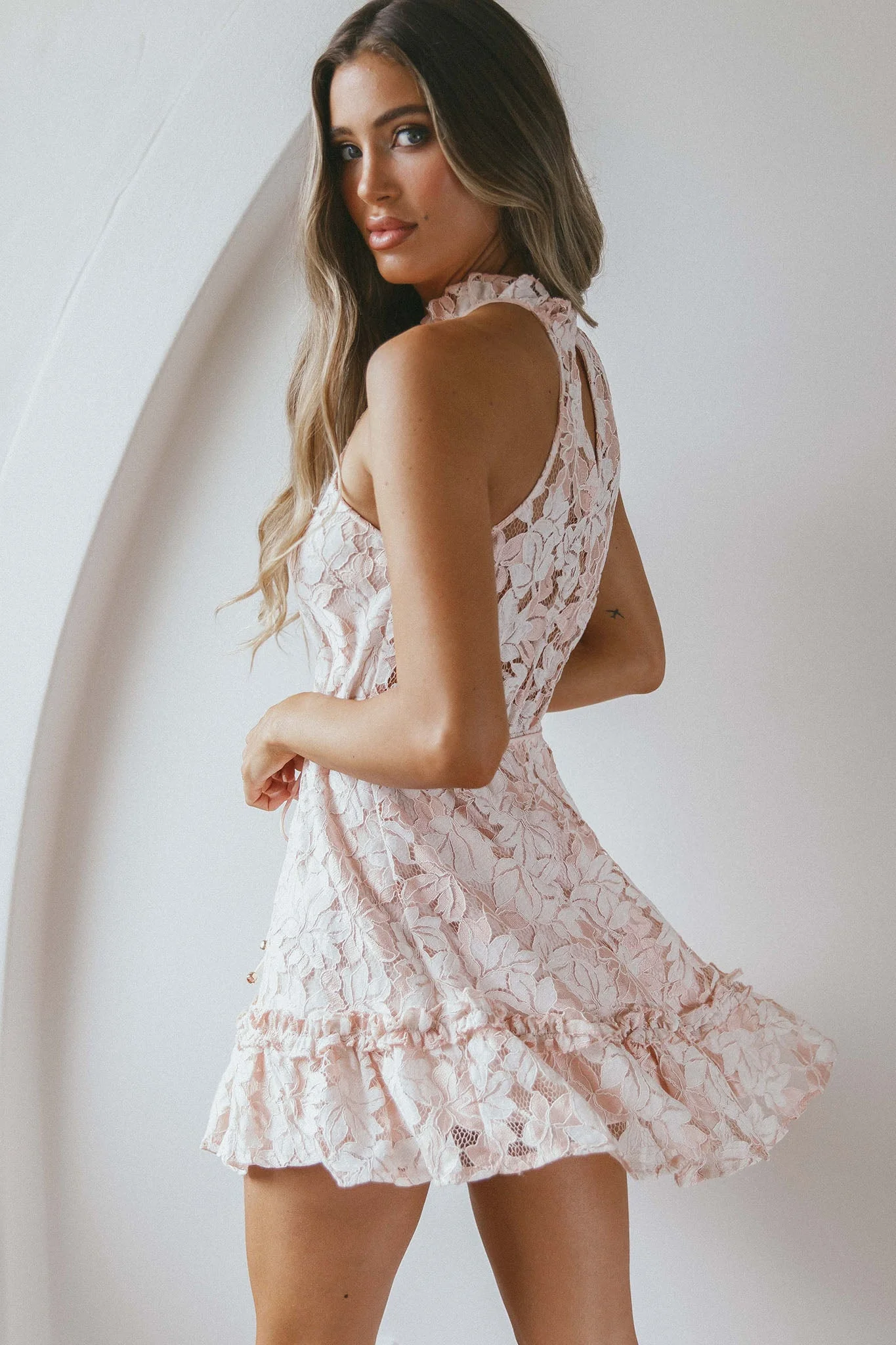 Ever After Halterneck Elasticated Waist Lace Mini Dress Apricot - Image 2