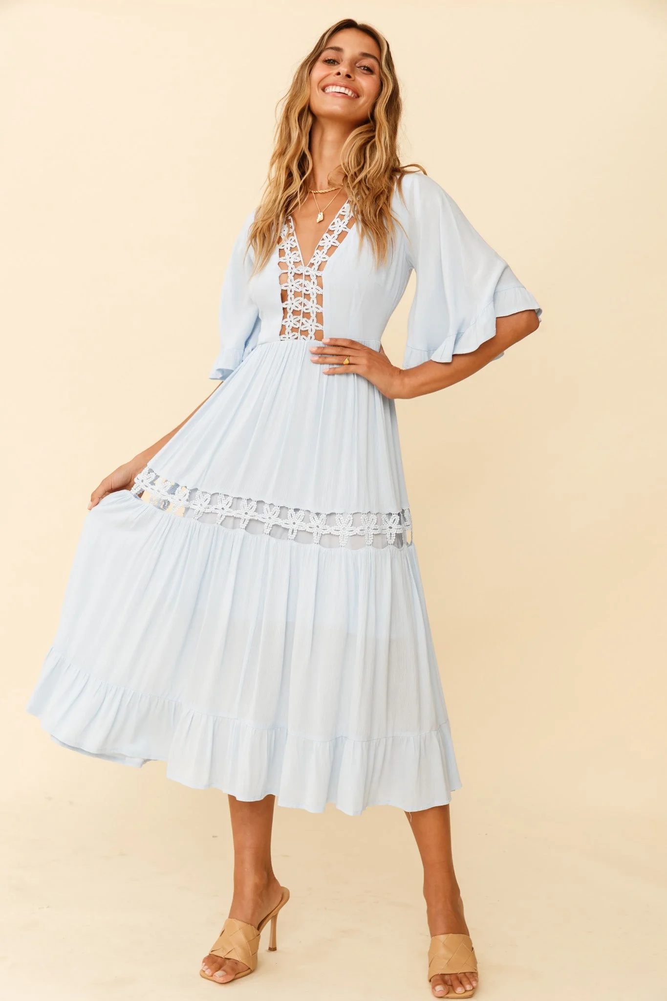 Feeling Groovy Bell Sleeve Crochet Trim Maxi Dress Ice Blue - Image 6