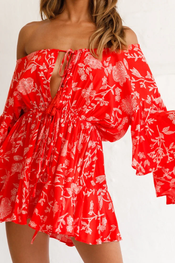 Fiona Drawstring Floral Romper Red - Image 4