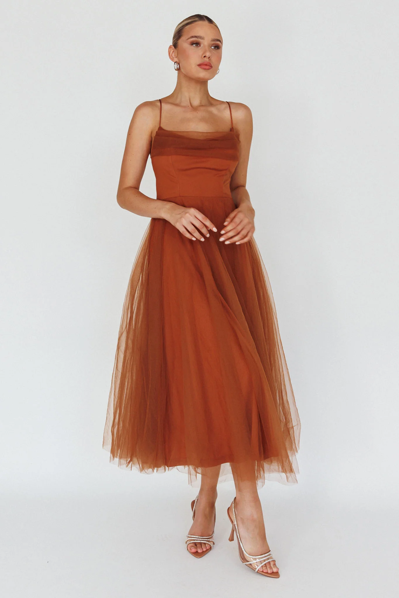 Floating By Pleated Neckline Mesh Midi Dress Brown - Image 6