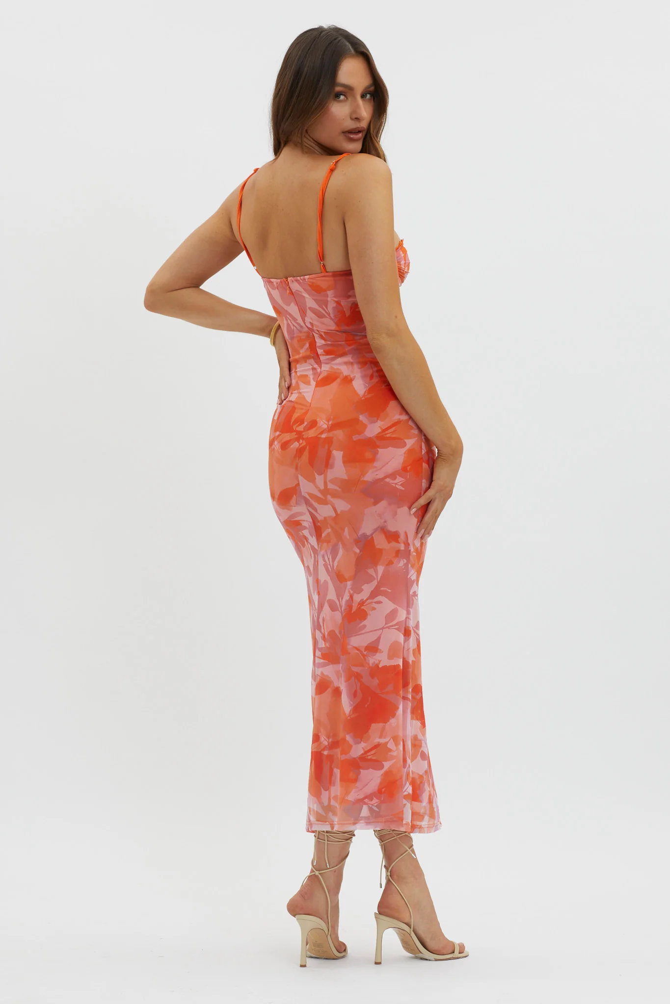 Fortune Lace Trim Mesh Midi Dress Orange - Image 3