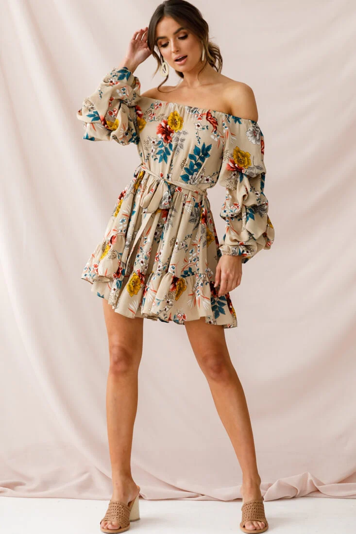Frida Off-Shoulder Waist Tie Dress Beige - Image 6
