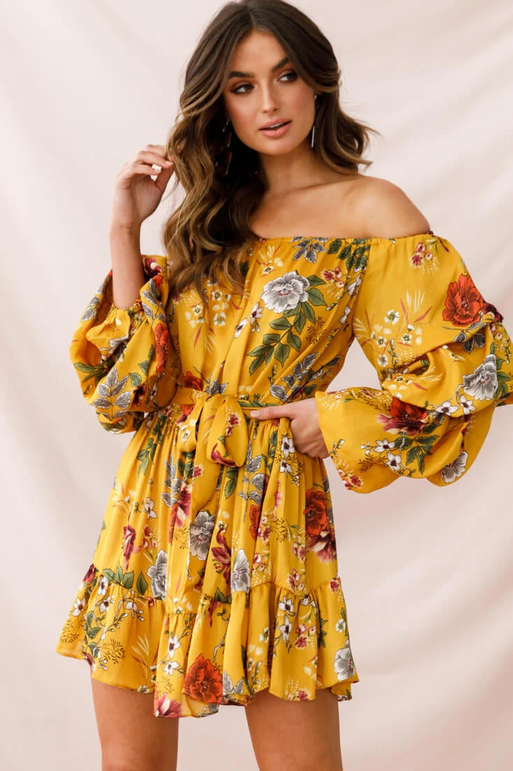 Frida Off-Shoulder Waist Tie Dress Yellow - Image 5