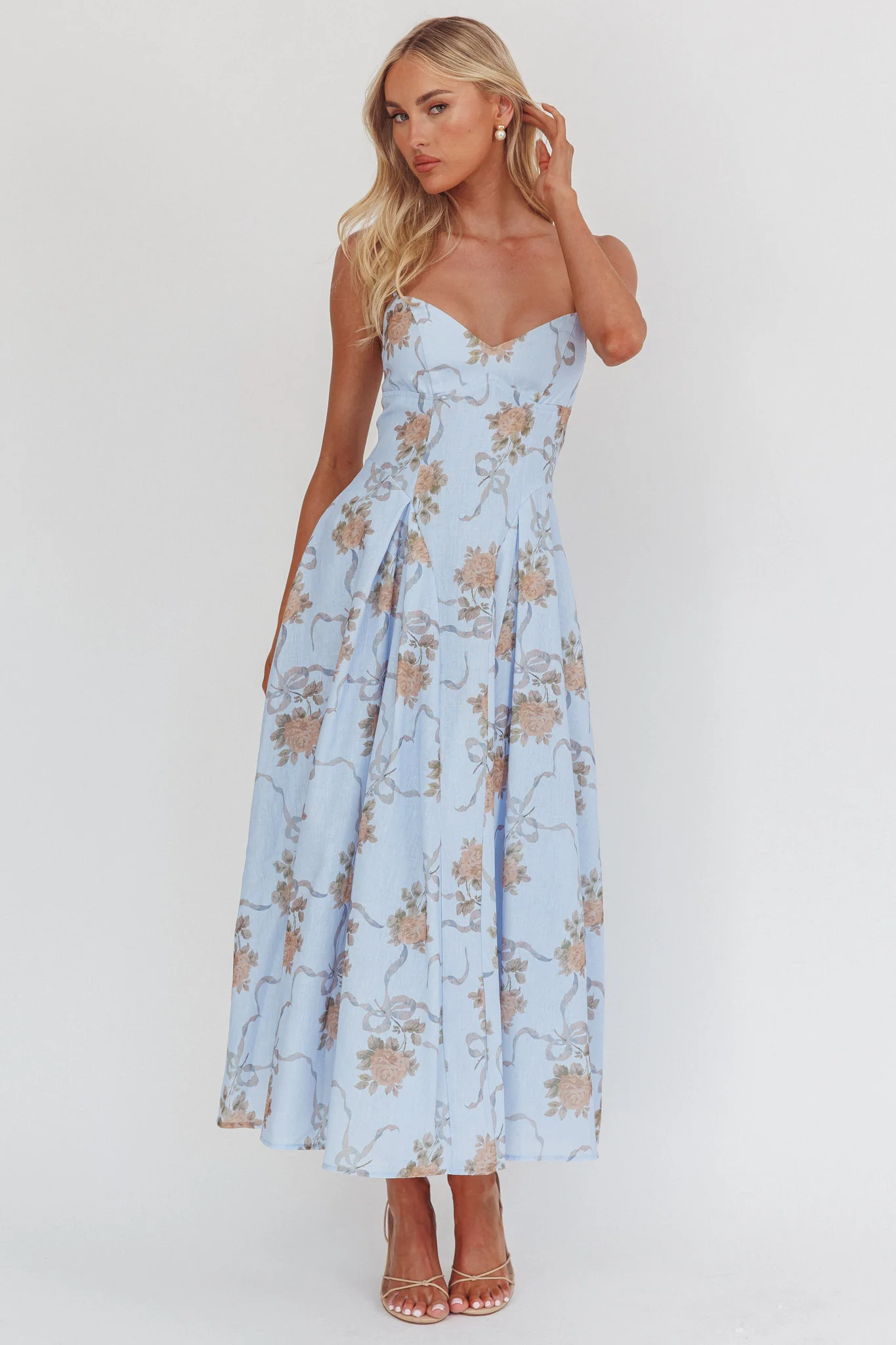 Get My Attention Pleat Waist Maxi Dress Bow Blue