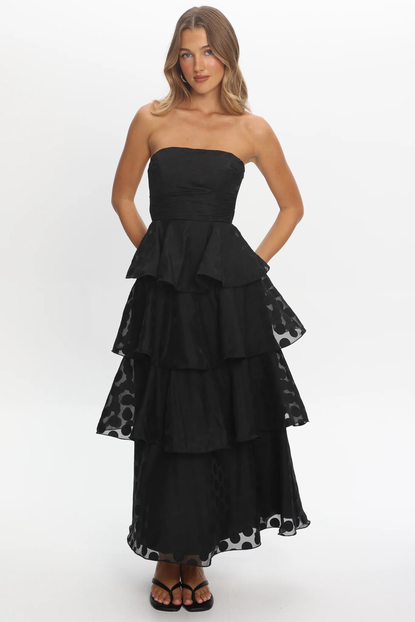 Giavana Strapless Layered Maxi Dress Polka Dot Black