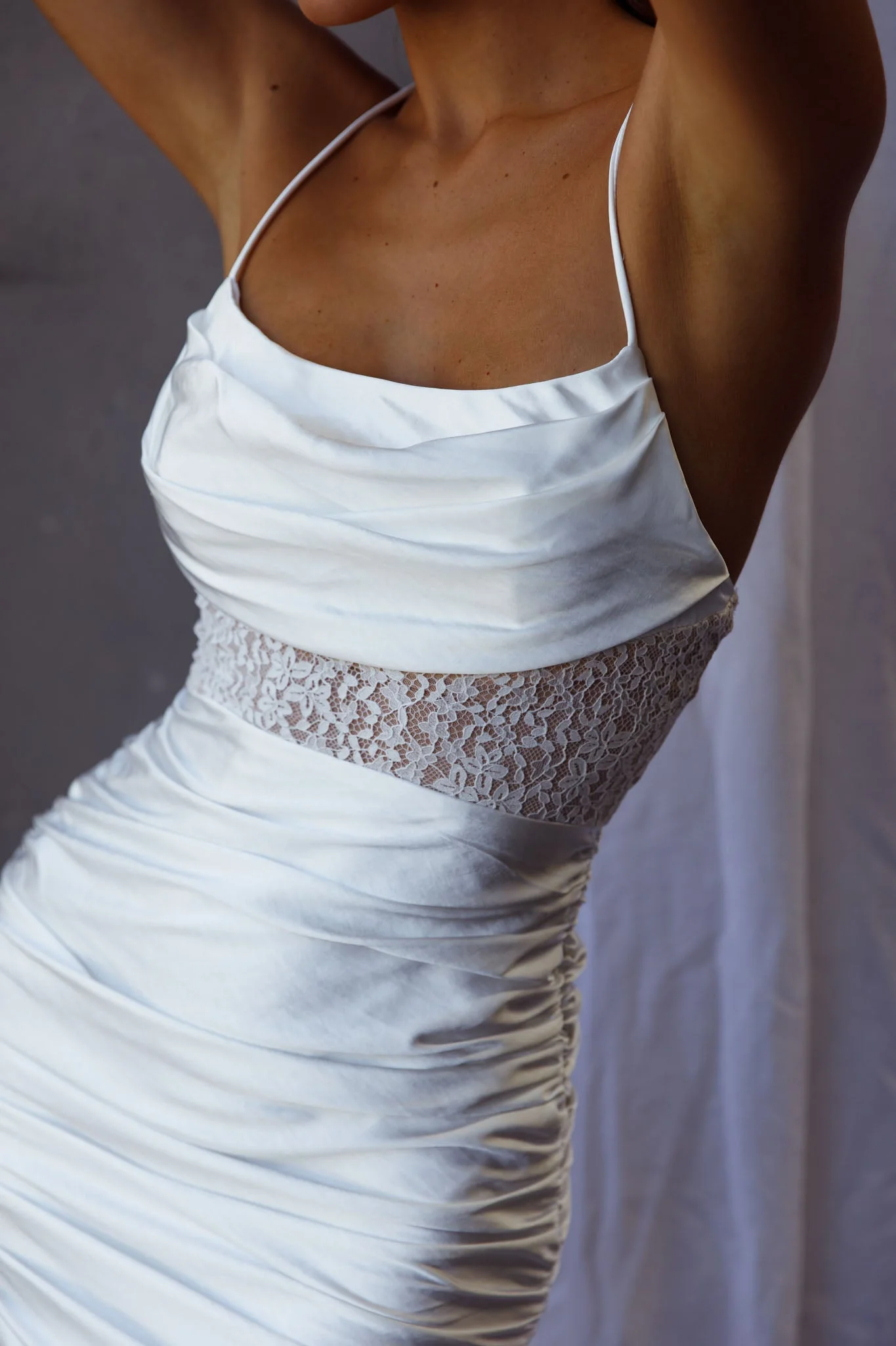 Golden Era Cowl Neck Lace Waist Ruched Mini Dress White - Image 4