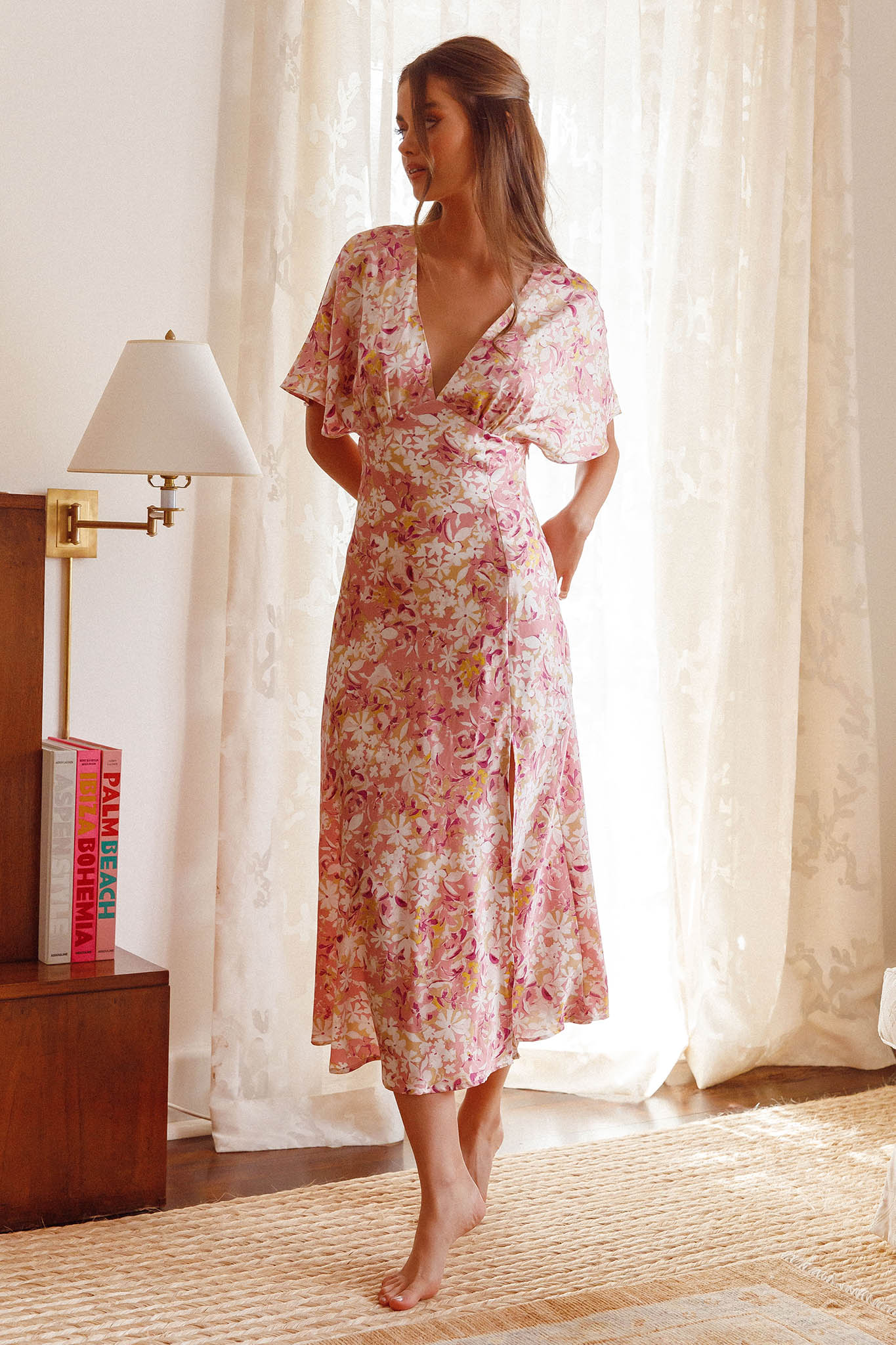 Graceful Batwing Sleeve Midi Dress Floral Pink - Image 3