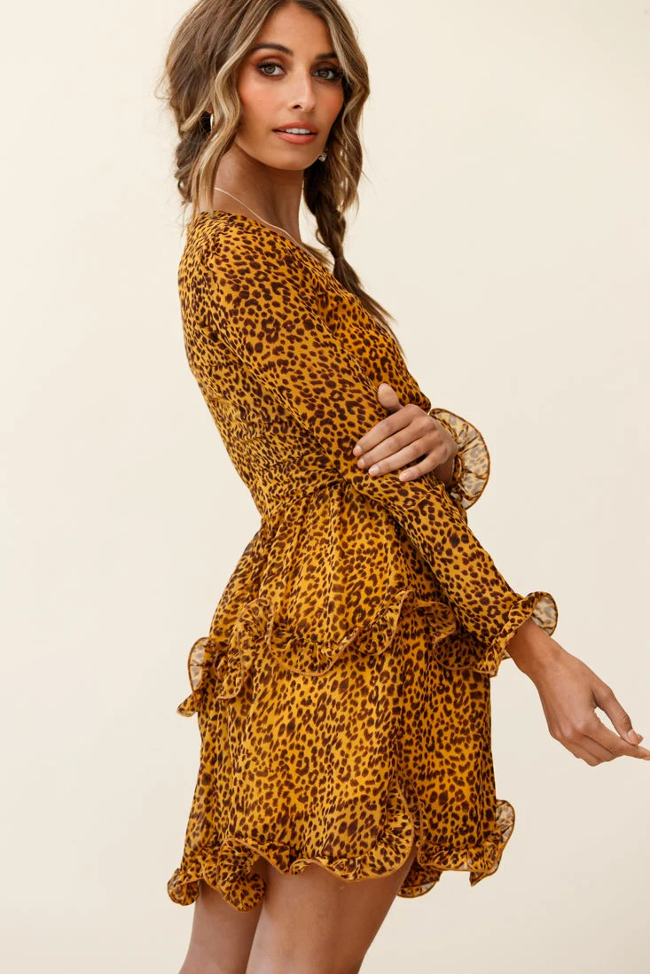Greta Tiered Ruffle Chiffon Dress Animal Print Mustard - Image 3