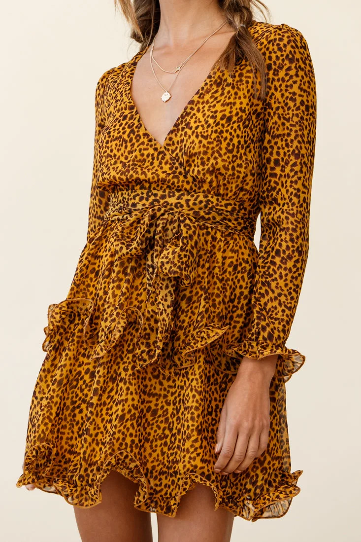 Greta Tiered Ruffle Chiffon Dress Animal Print Mustard - Image 4