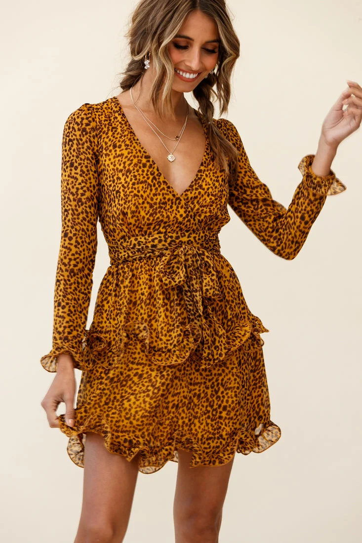 Greta Tiered Ruffle Chiffon Dress Animal Print Mustard - Image 5