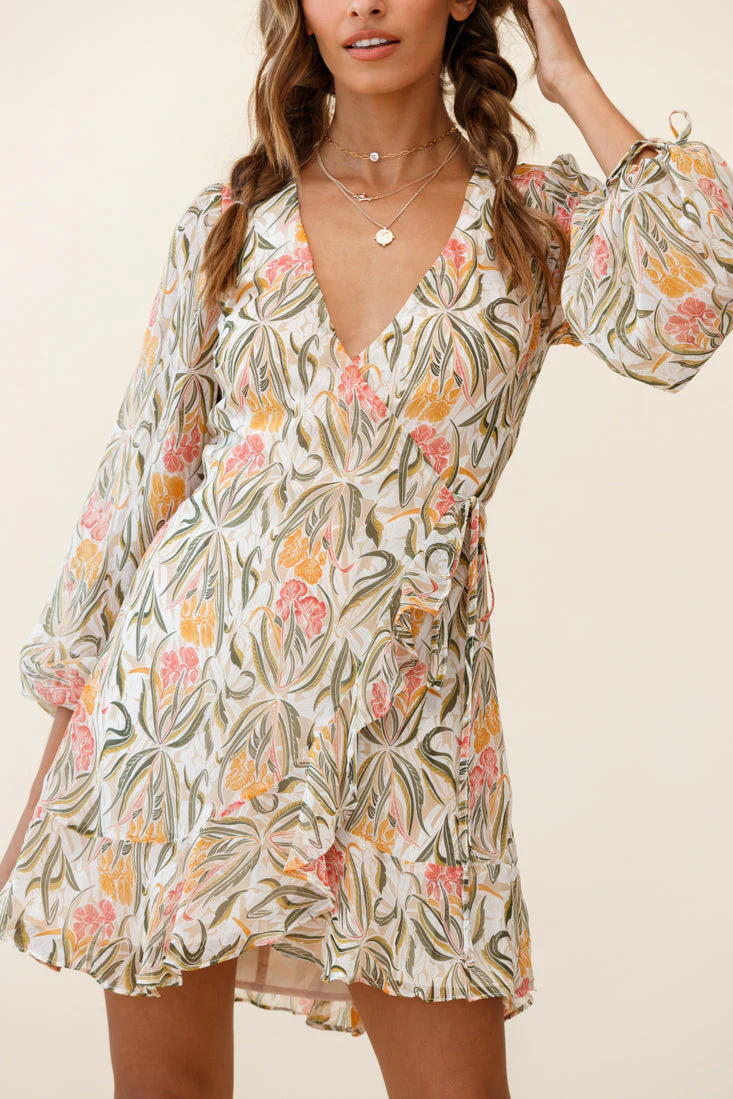 Hartley Balloon Sleeve Wrap Dress Floral Print Green - Image 4