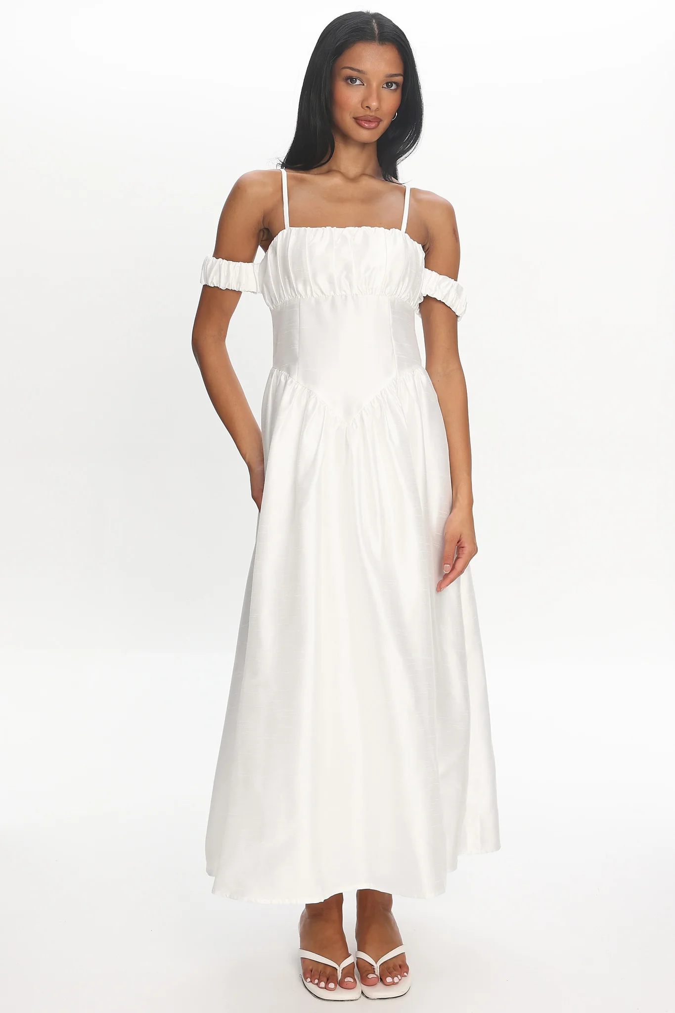 Heavens Above Off-Shoulder Basque Waist Midi Dress Ivory - Image 2