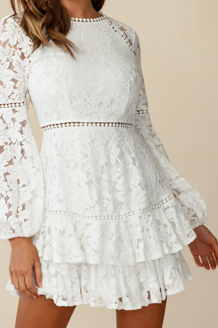 Henrietta Lace Overlay Long Sleeve Ruffle Dress White - Image 4